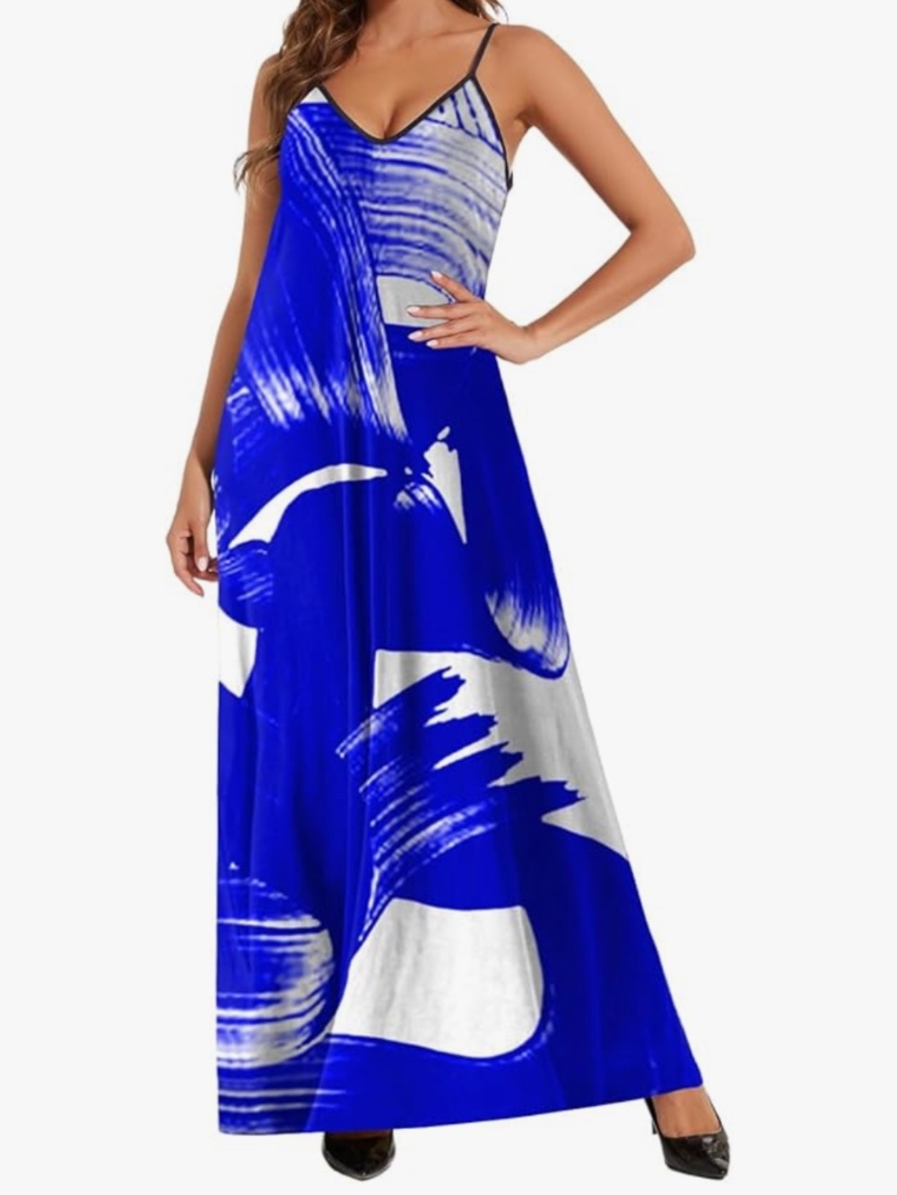 Effortless slip-style maxi dress in bold blue and white abstract print. Lightwei